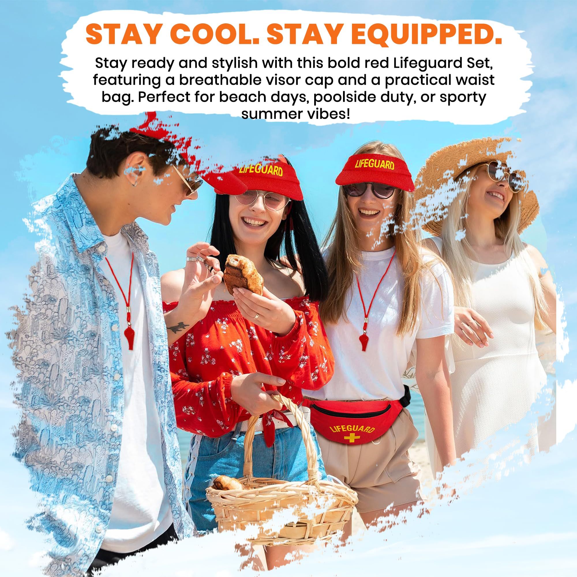 Unisex Red Lifeguard Visor Hat & Bum Bag Set